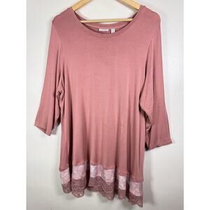 LOGO By Lori Goldstein Womens Plus Size Top 2X Pink Long Sleeve Tunic Lace Hem